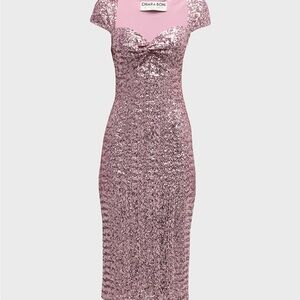 Chiara Boni La Petite Robe
Sweetheart Sequin Bodycon Midi Dress. Rose colored.